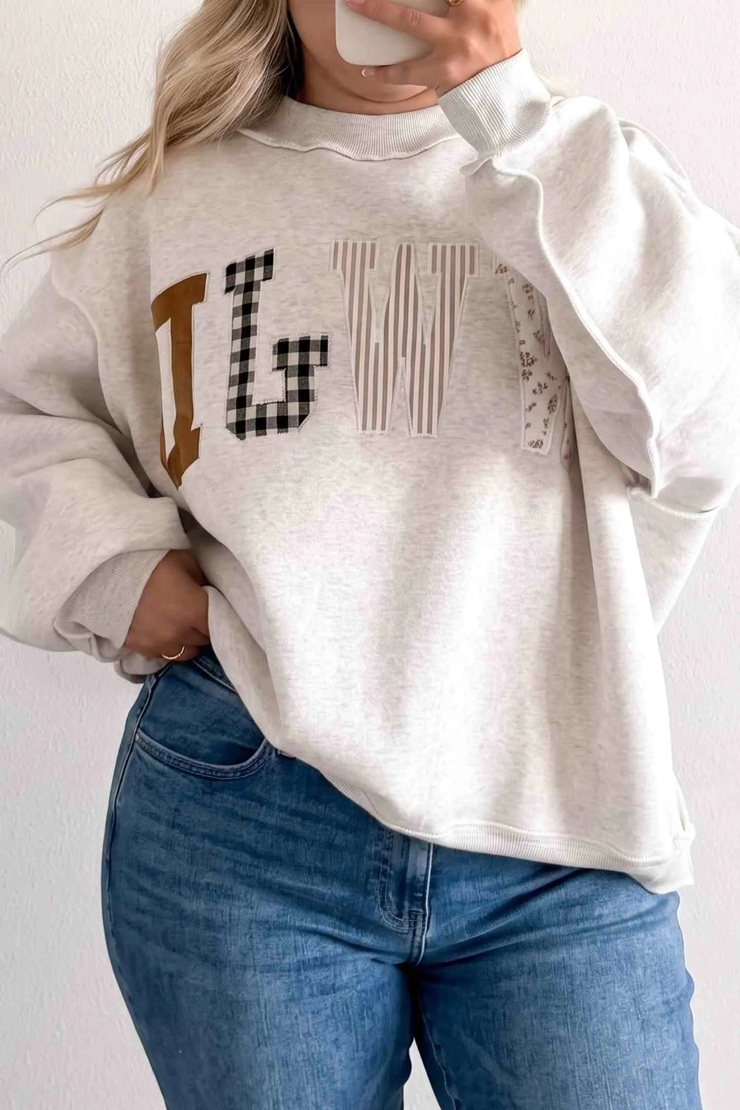 WWJD Mix Pattern Letter Graphic Exposed Seam Loose Plus Size Sweatshirt – Grey sold by Beagle Boutique product image thumbnail 3