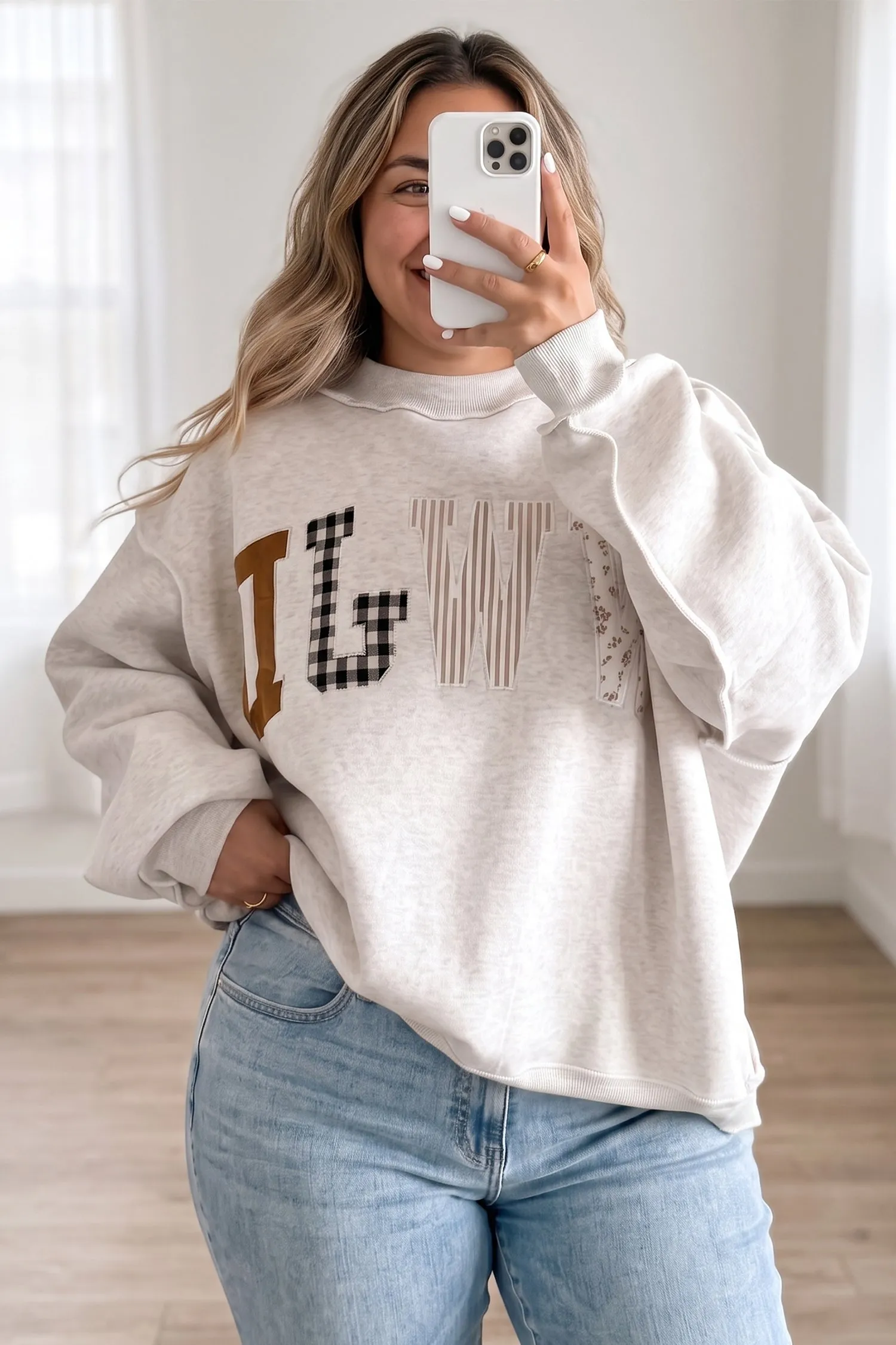 WWJD Mix Pattern Letter Graphic Exposed Seam Loose Plus Size Sweatshirt – Grey sold by Beagle Boutique product image thumbnail 2