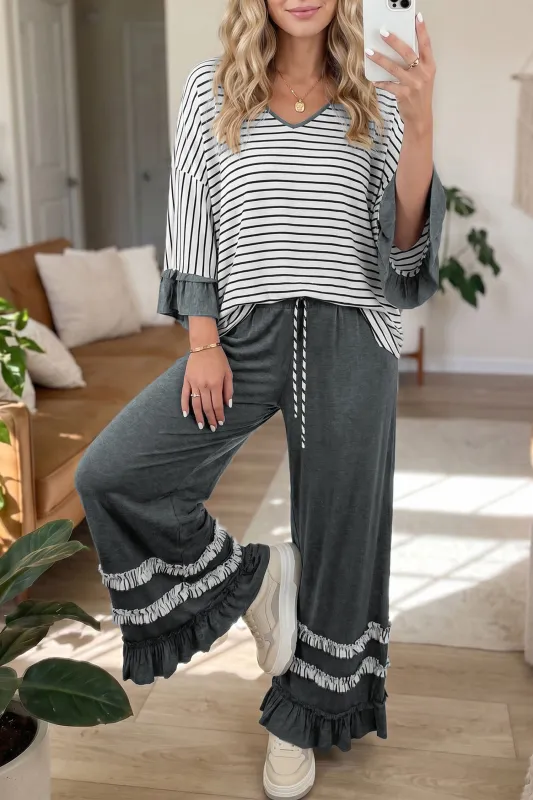 V Neck Ruffle Contrast Sleeve Top Drawstring Pants 2pcs Set – Grey Stripe made by Beagle Boutique