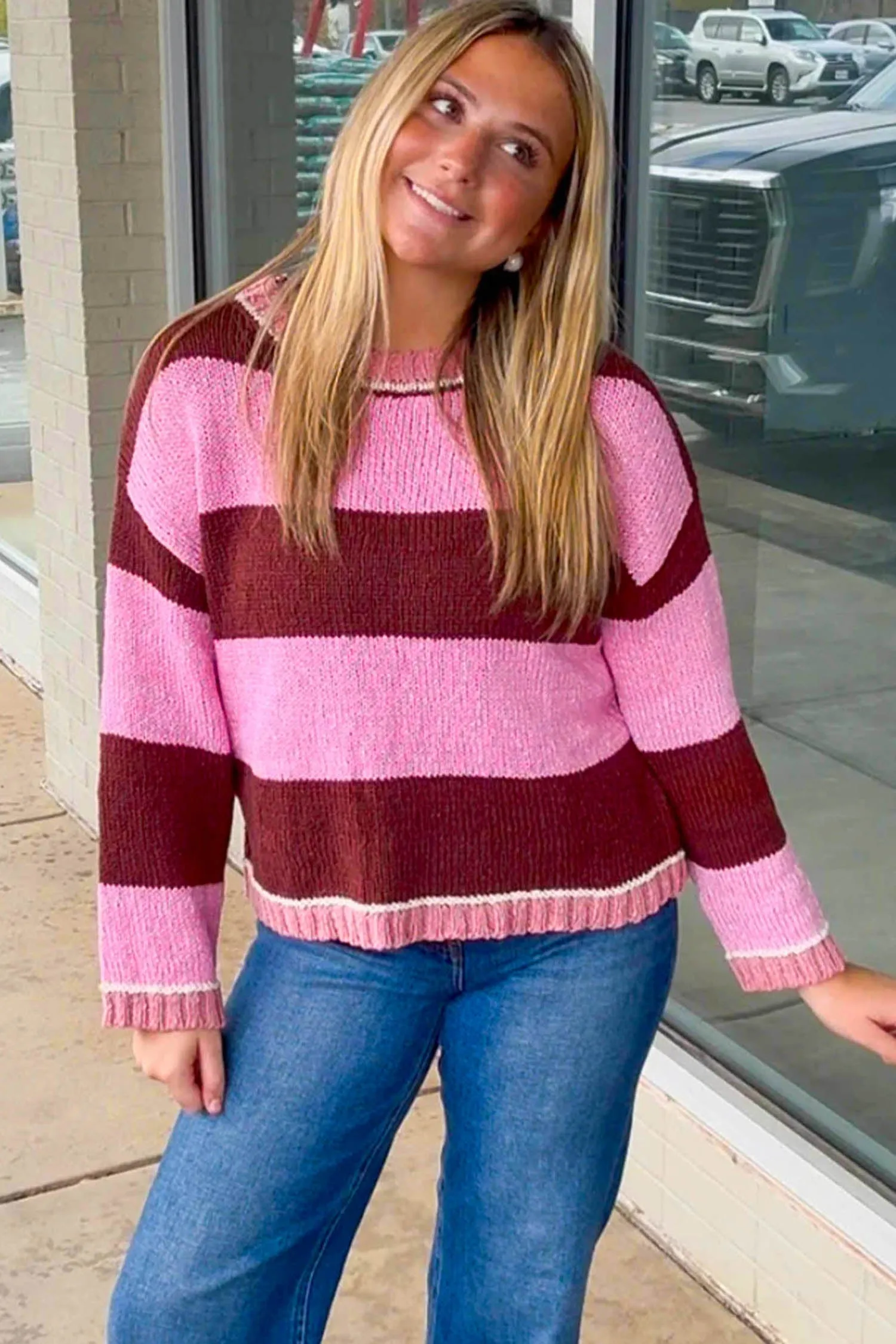 Striped Drop Shoulder Long Sleeve Pullover Regular Fit Knit Sweater – Pink Stripe sold by Beagle Boutique product image thumbnail 2