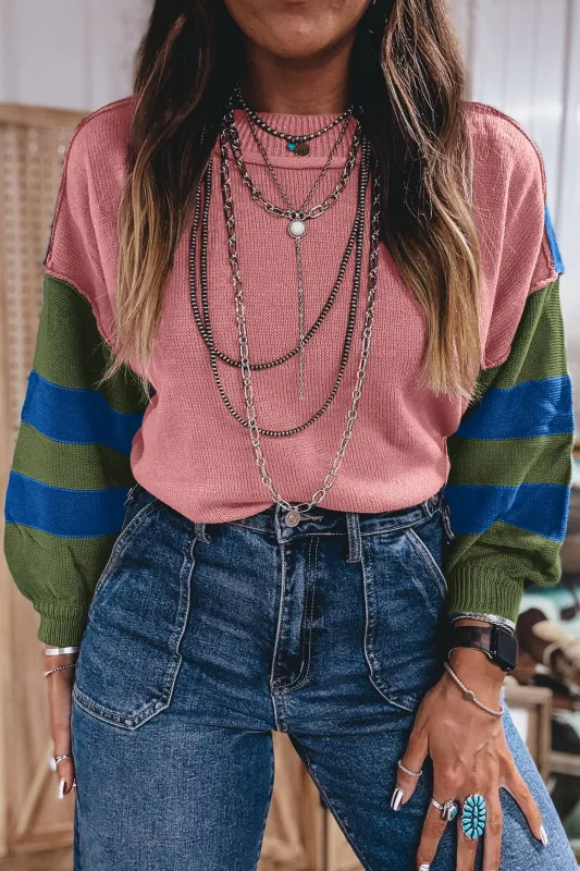 Western Colourblock Patchwork Striped Long Sleeve Pullover Sweater – Multicolour made by Beagle Boutique