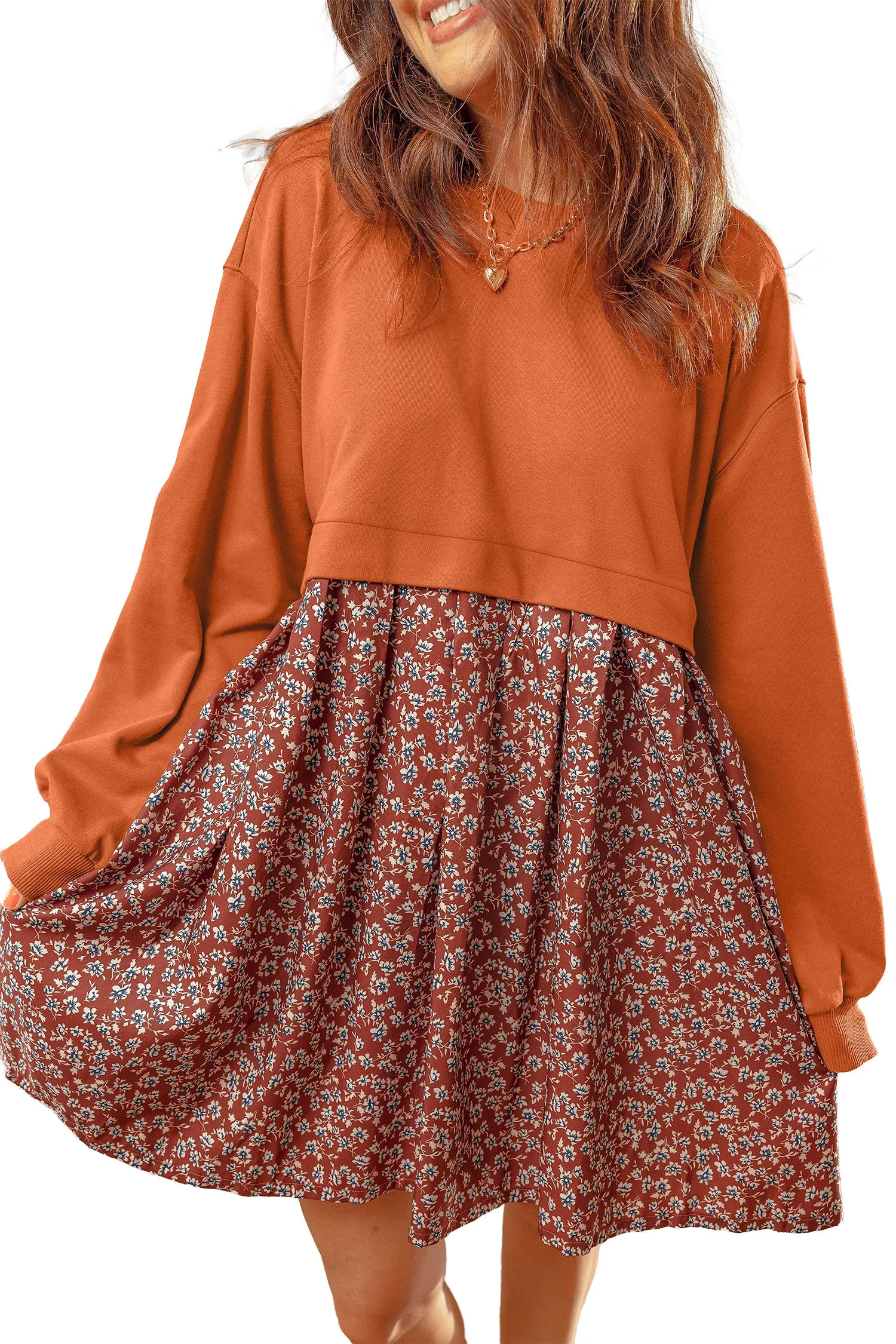 Solid Long Sleeve Top Patchwork Floral Flared 2-in-1 Mini Dress – Orange sold by Beagle Boutique product image thumbnail 4