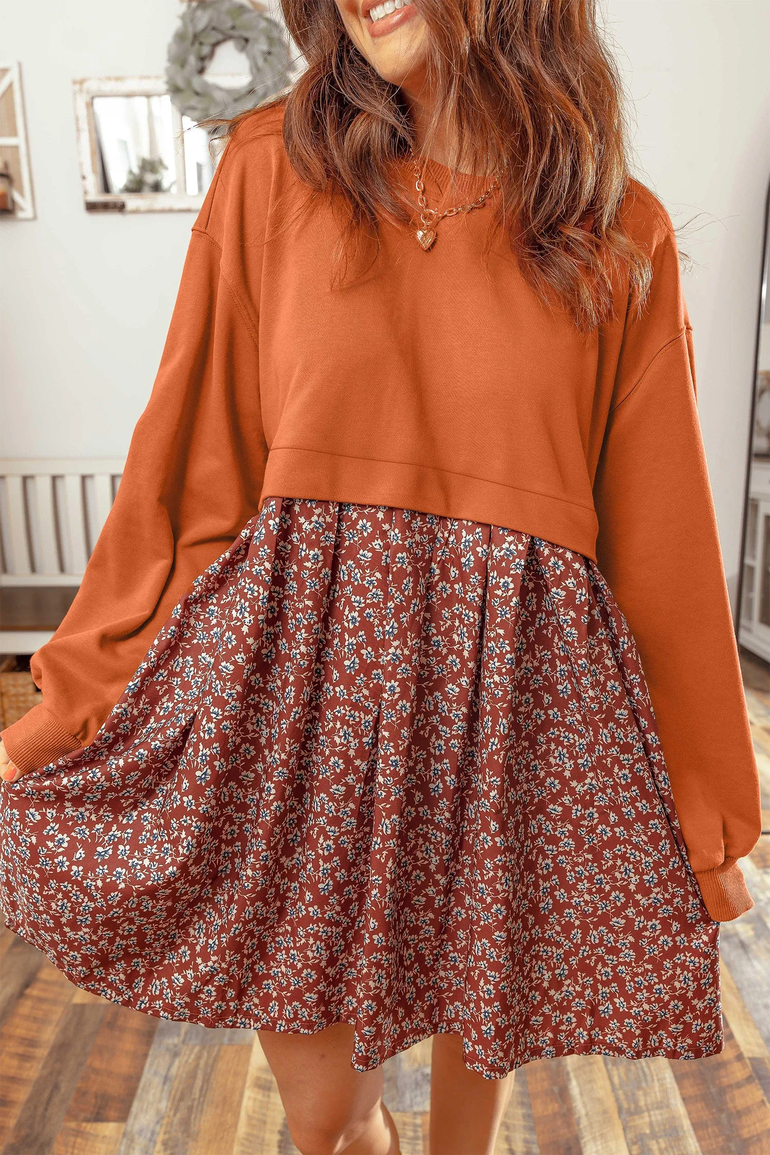 Solid Long Sleeve Top Patchwork Floral Flared 2-in-1 Mini Dress – Orange sold by Beagle Boutique product image thumbnail 3