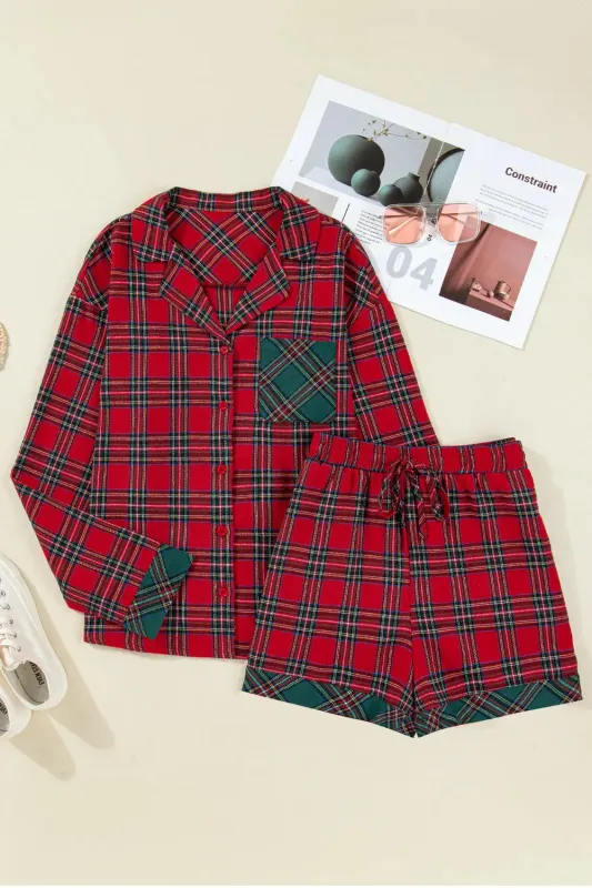 Plaid Contrast Patched Christmas Holiday Long Sleeve Shirt and Short 2pcs Pyjama Set – Red made by Beagle Boutique