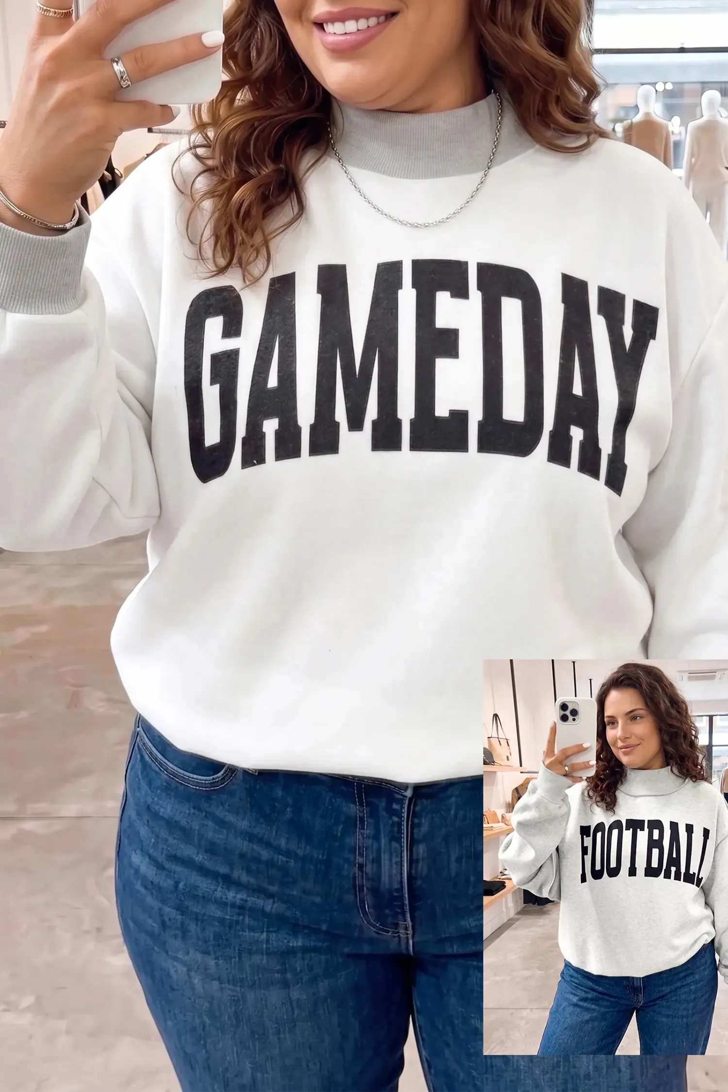 GAME DAY/ FOOTBALL Letter Print Reversible Plus Size Sweatshirt – Light Grey sold by Beagle Boutique