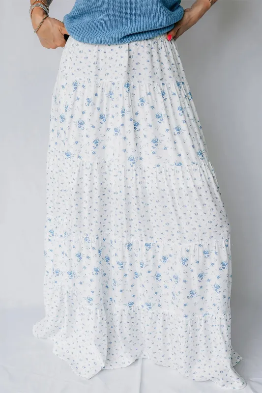 High Waist Tiny Floral Print Boho Maxi Skirt – Sky Blue made by Beagle Boutique