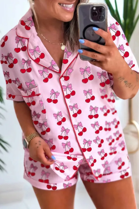 Cherry/Bow Print Short Pyjama Set – Pink made by Beagle Boutique