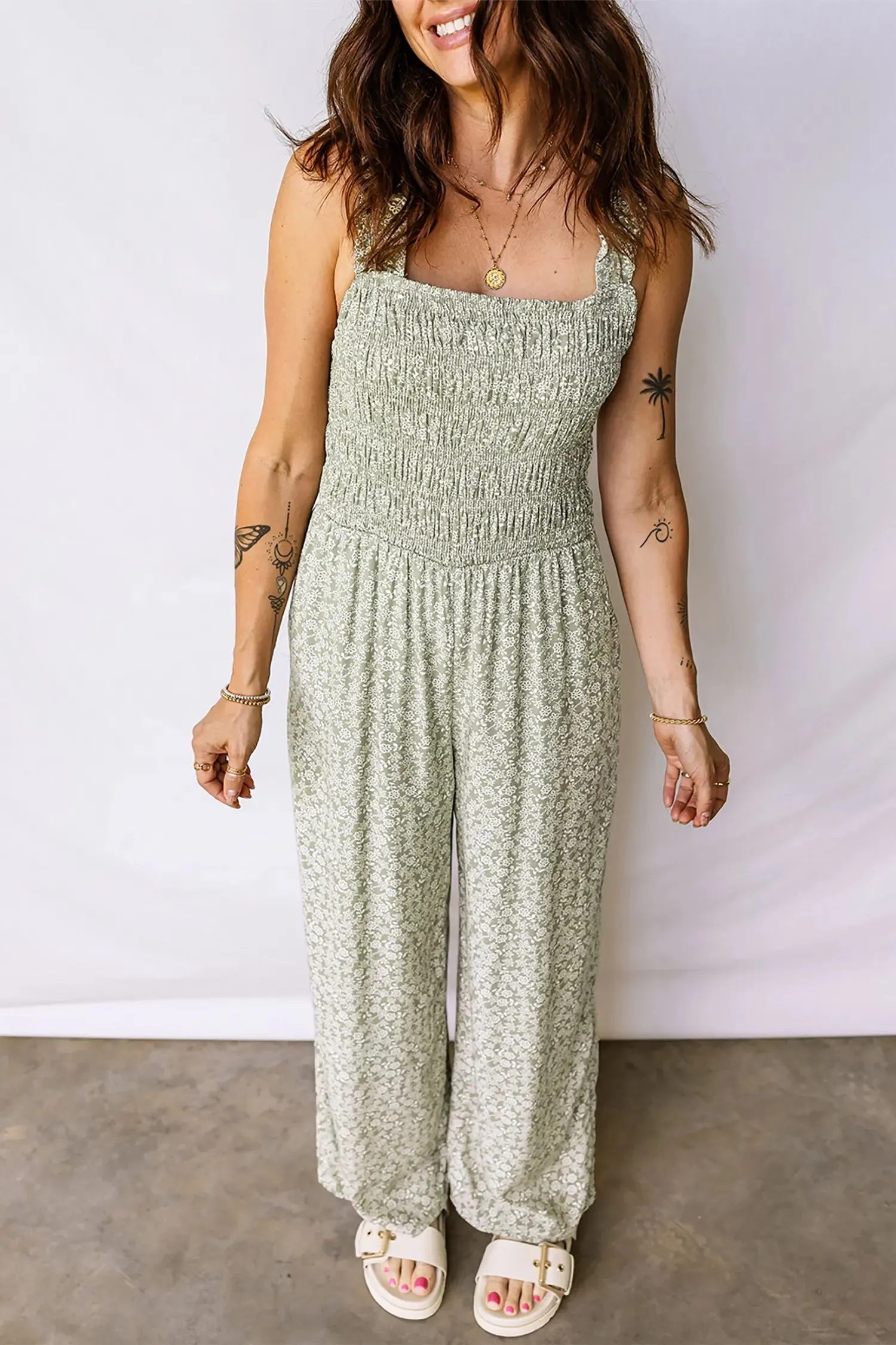 Smocked Bodice Square Neck Sleeveless Floral Jumpsuit – Green sold by Beagle Boutique product image thumbnail 3