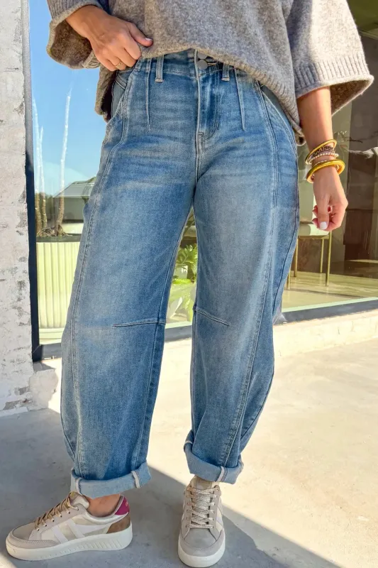Medium Wash Cuffed Barrel Jeans – Sky Blue made by Beagle Boutique