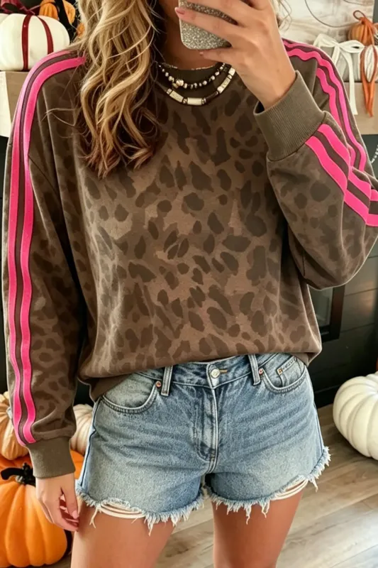 Leopard Print Striped Detail Relaxed Pullover Sweatshirt – Brown made by Beagle Boutique