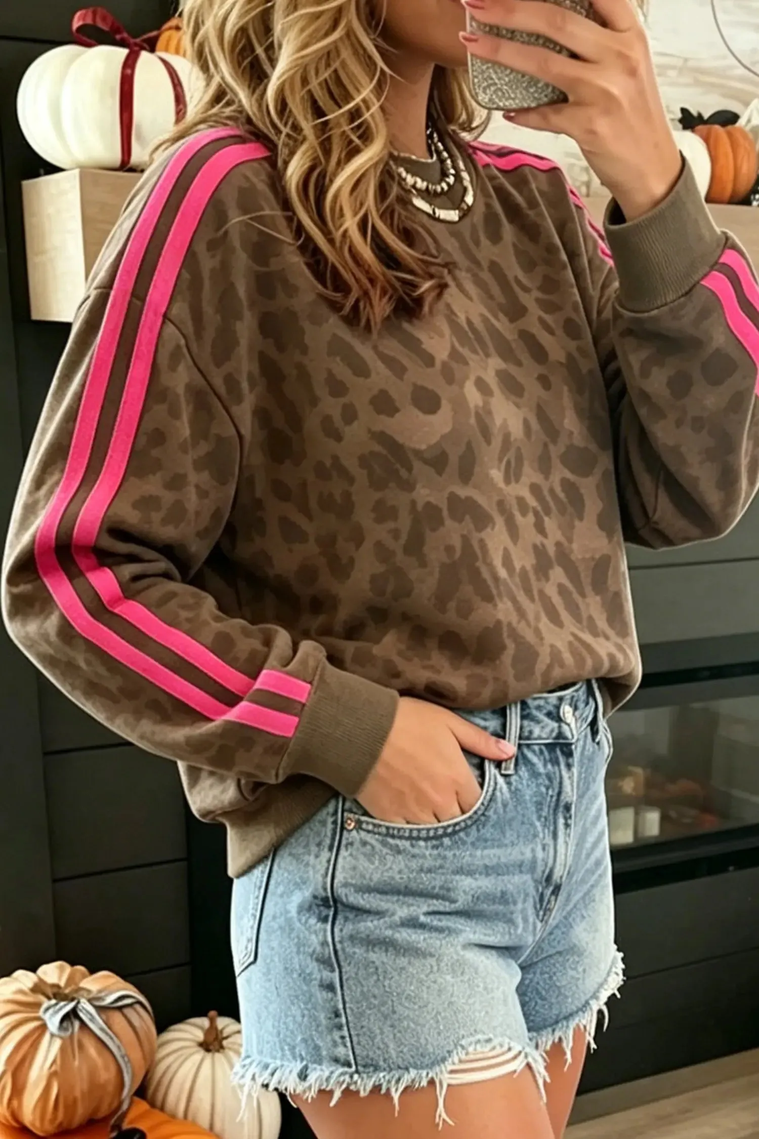 Leopard Print Striped Detail Relaxed Pullover Sweatshirt – Brown sold by Beagle Boutique product image thumbnail 3