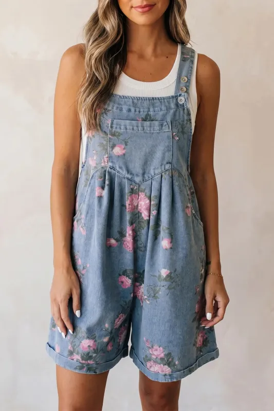 Blue Floral Print Denim Shortalls Romper - Blue made by Beagle Boutique