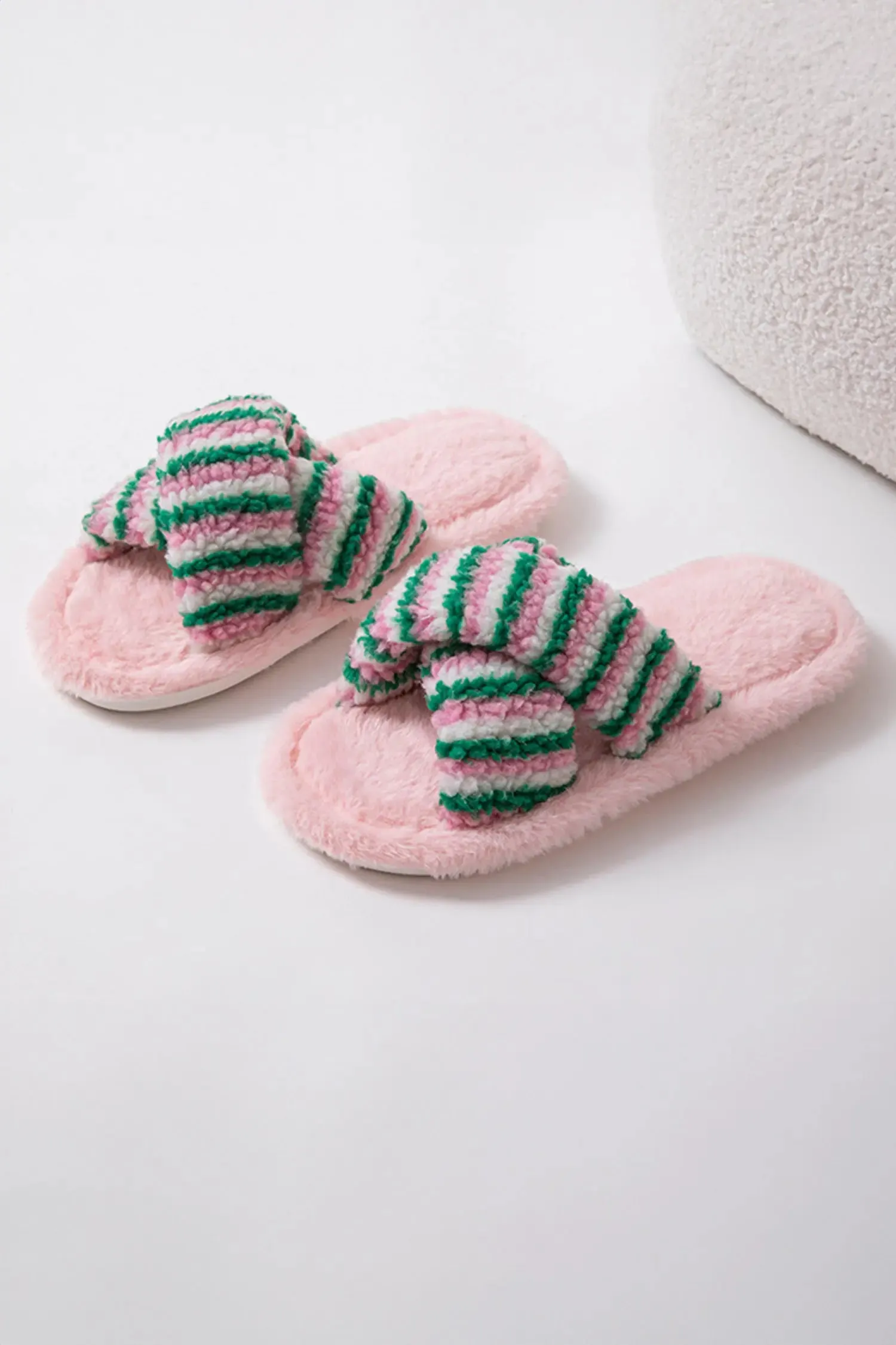 Striped Cross Band Soft Plush Open Toe Slippers sold by Beagle Boutique product image thumbnail 3