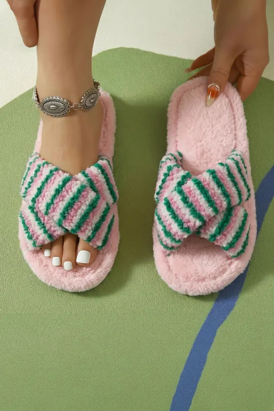 Striped Cross Band Soft Plush Open Toe Slippers made by Beagle Boutique