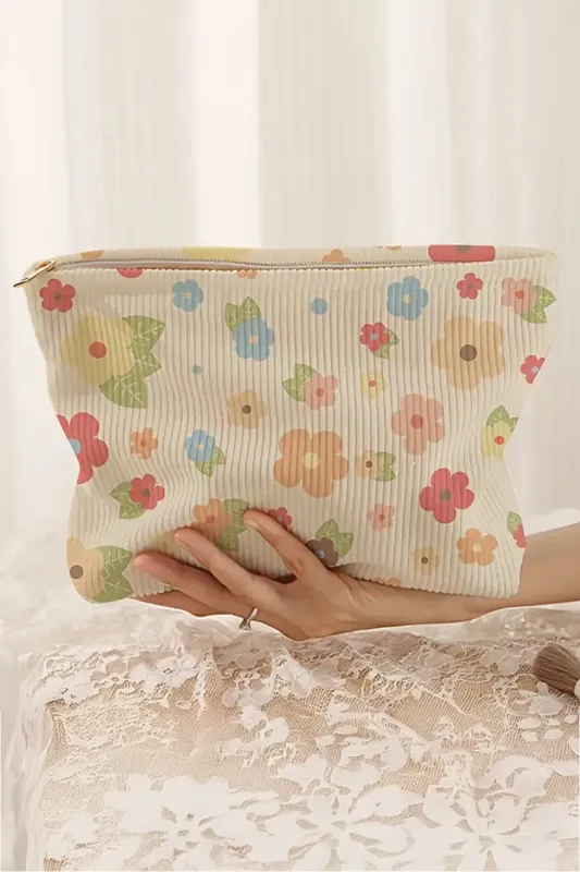 Flower Leaves Print Zipper Ribbed Makeup Bag – White made by Beagle Boutique