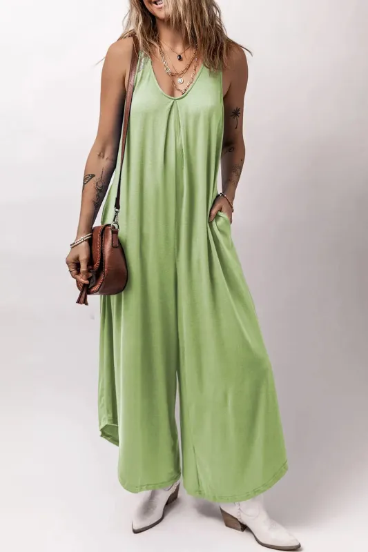 Sleeveless V Neck Pocketed Wide Leg Jumpsuit – Green made by Beagle Boutique