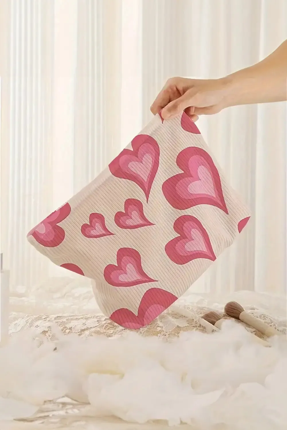 Hearts Print Zipper Ribbed Large Cosmetic Bag – White sold by Beagle Boutique product image thumbnail 2