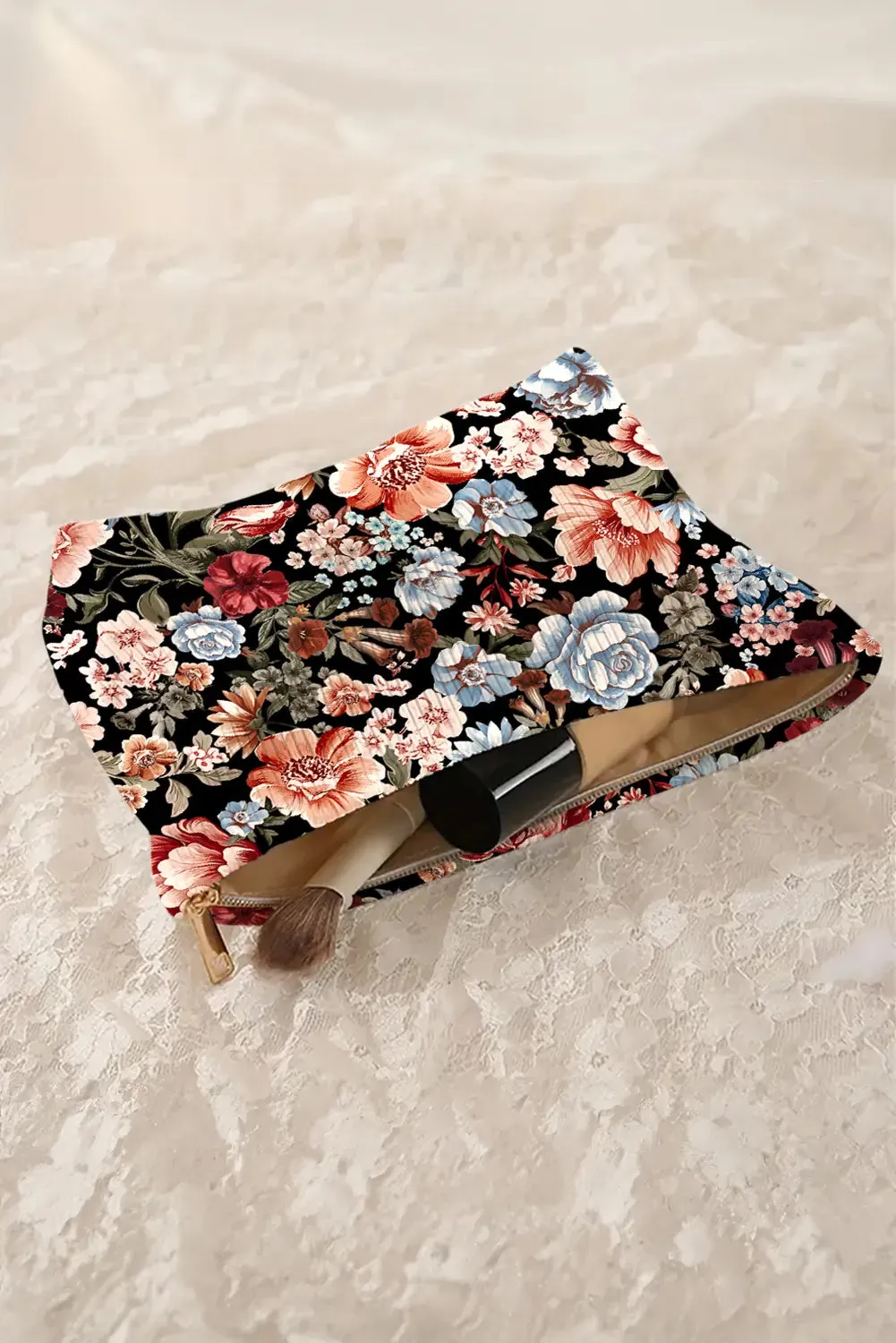 Flower Print Zipper Ribbed Ribbed Large Makeup Bag – Black sold by Beagle Boutique product image thumbnail 4