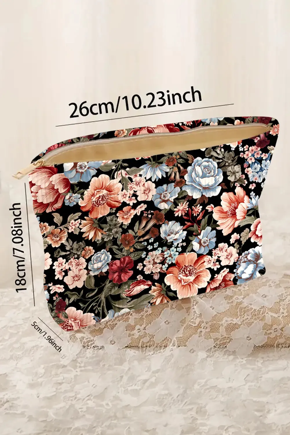 Flower Print Zipper Ribbed Ribbed Large Makeup Bag – Black sold by Beagle Boutique product image thumbnail 5