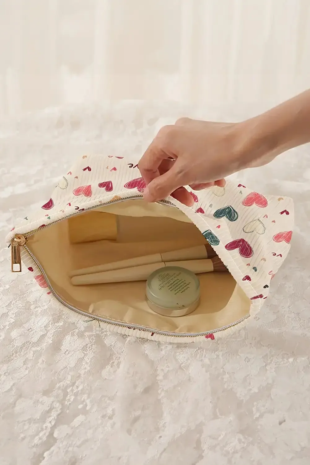 Love Heart Print Ribbed Canvas Makeup Bag sold by Beagle Boutique product image thumbnail 3