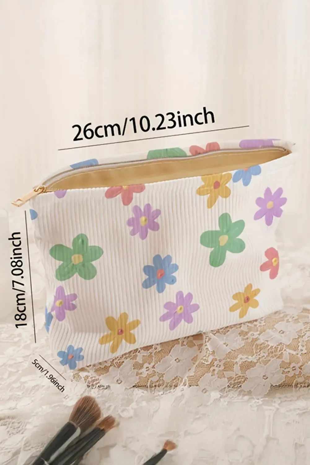 Flower Print Rib Textured Large Cosmetic Bag – White sold by Beagle Boutique product image thumbnail 5