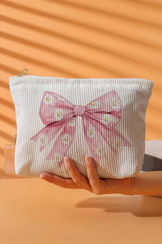 Bow Knot Daisy Print Zipper Ribbed Multifunctional Bag – Pink made by Beagle Boutique
