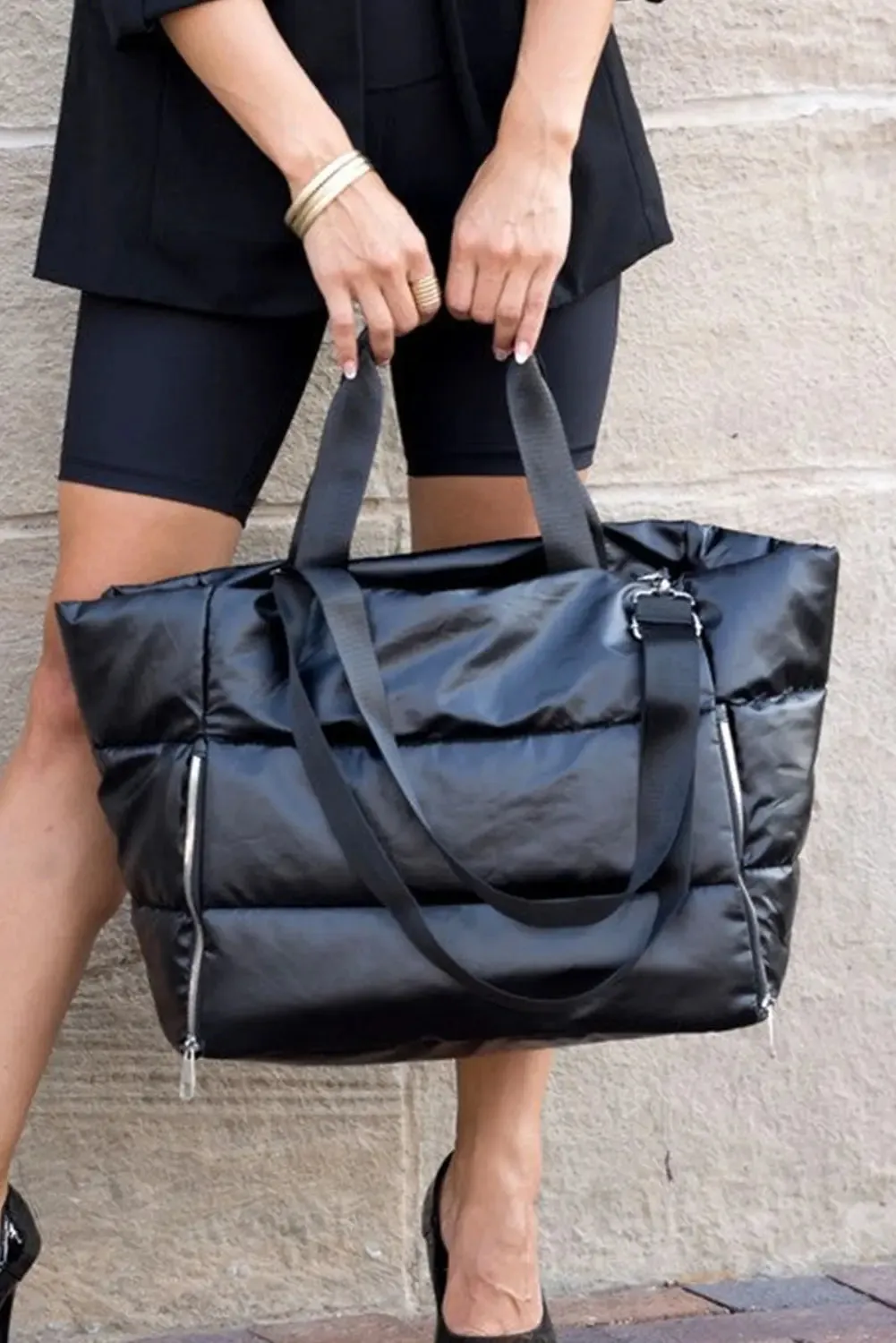 Solid Zipper Puffer Large Tote Bag – Black sold by Beagle Boutique product image thumbnail 3