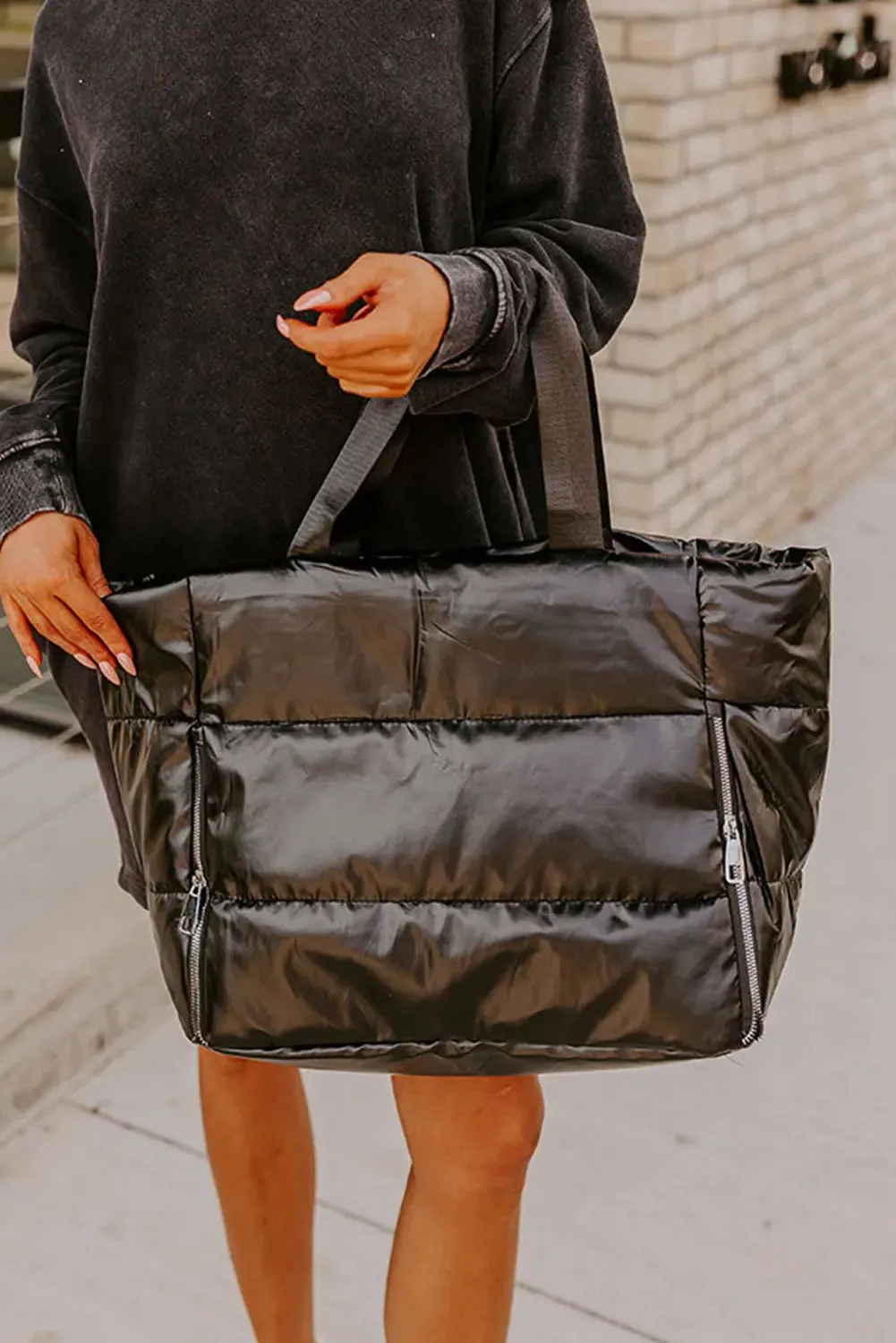 Solid Zipper Puffer Large Tote Bag – Black sold by Beagle Boutique product image thumbnail 5