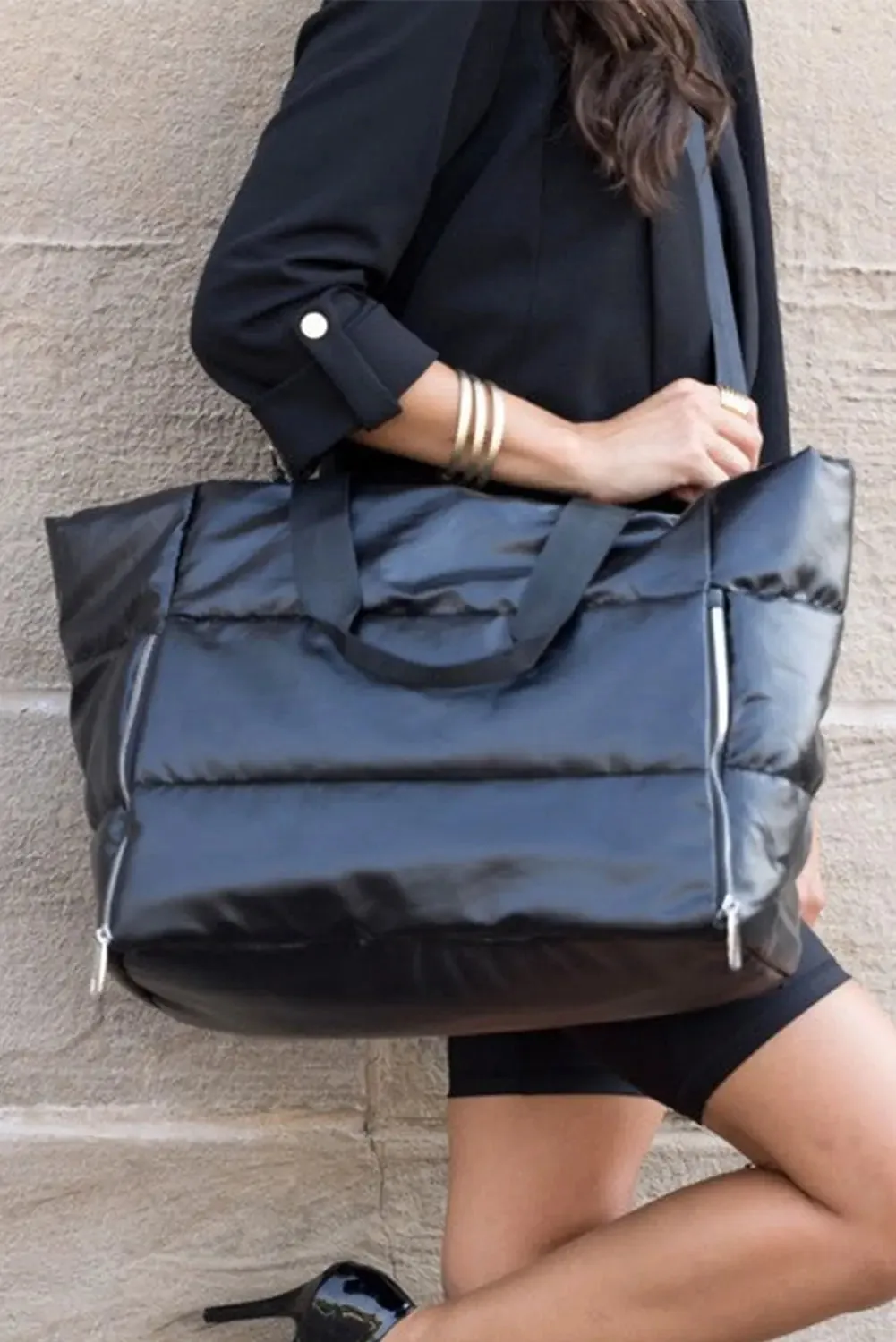 Solid Zipper Puffer Large Tote Bag – Black sold by Beagle Boutique product image thumbnail 4