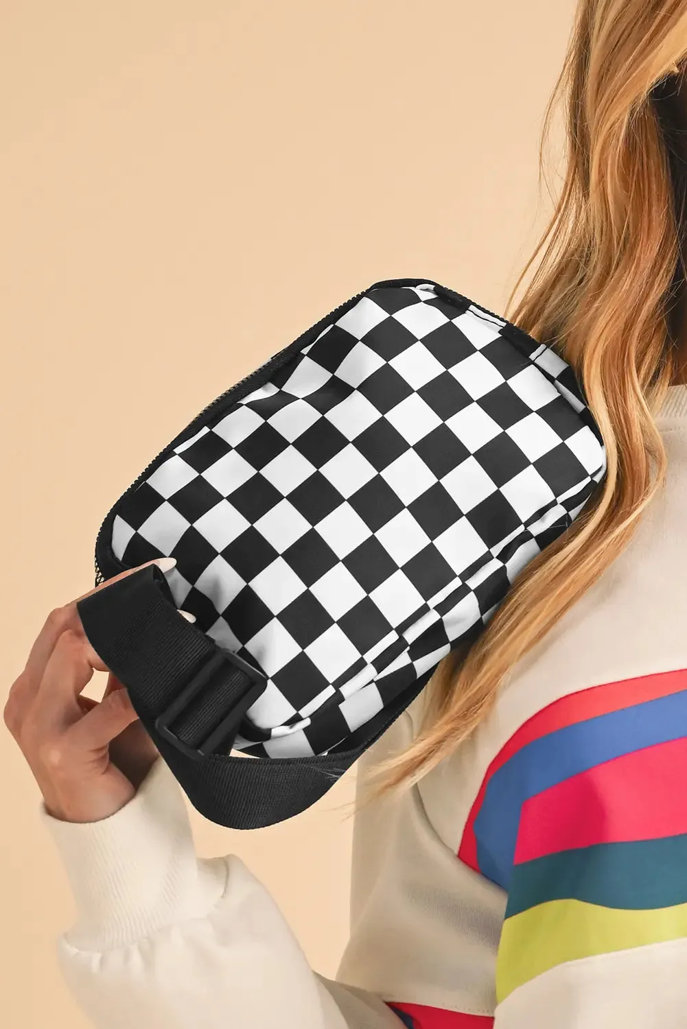 Checkered Print Buckle Wide Belt Crossbody Bag – White sold by Beagle Boutique product image thumbnail 2