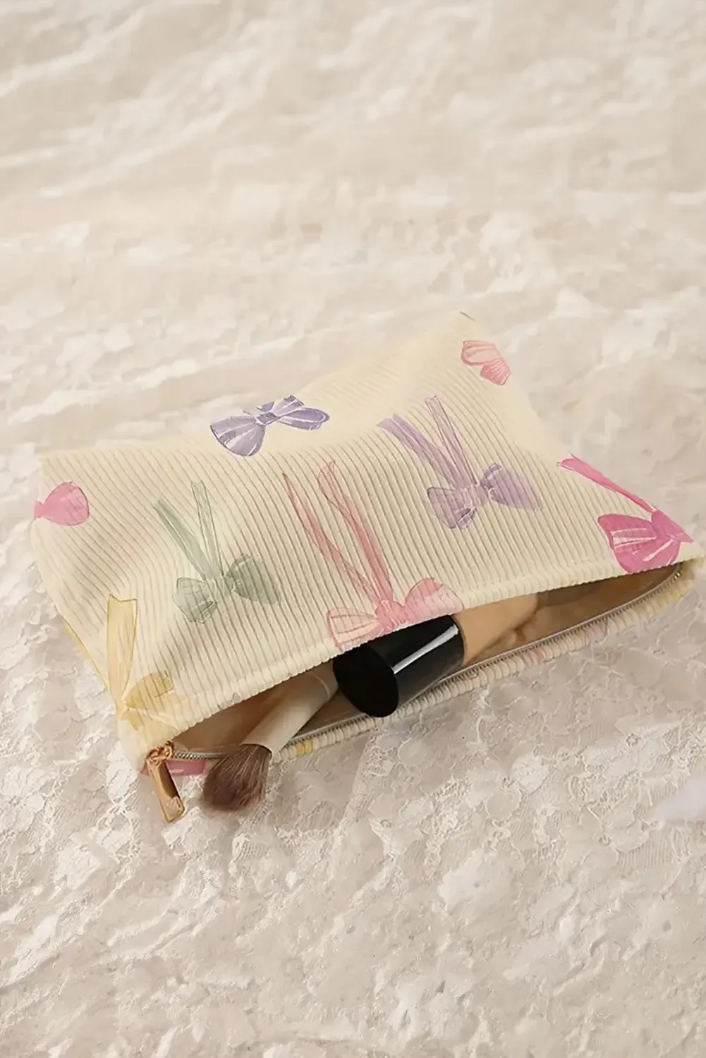 Bow Knot Print Zipper Ribbed Large Cosmetic Bag – Beige sold by Beagle Boutique product image thumbnail 3