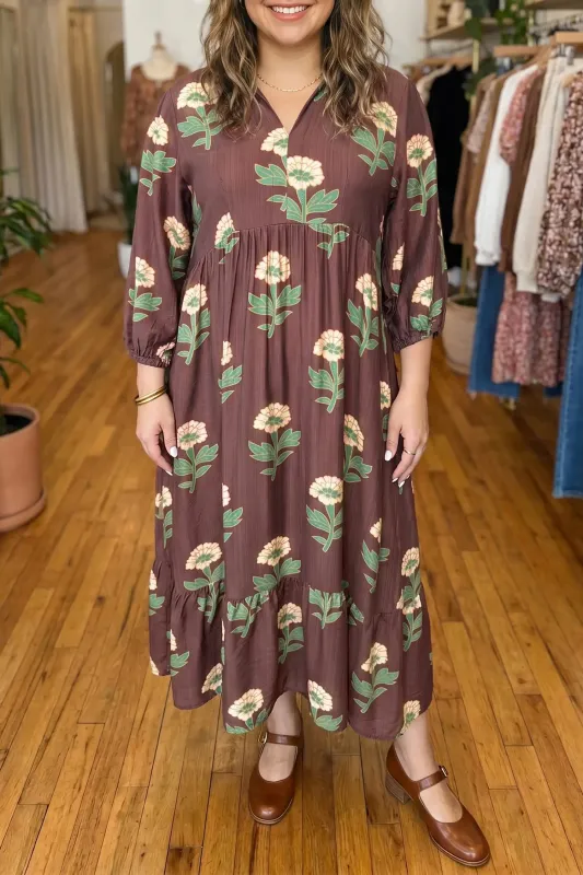 Floral Print V-Neck Long Sleeve Loose Shift Plus Size Dress – Brown made by Beagle Boutique