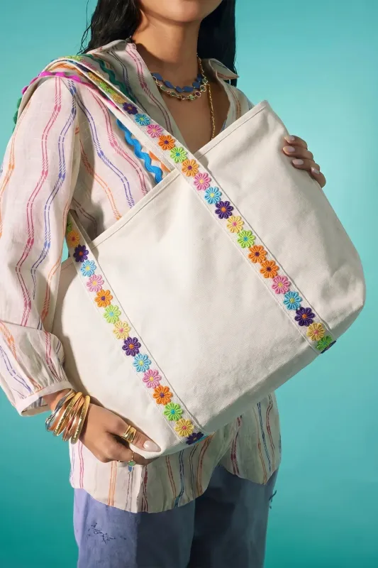 Canvas Tote Bag with Embroidered Floral Strap Detail – White made by Beagle Boutique