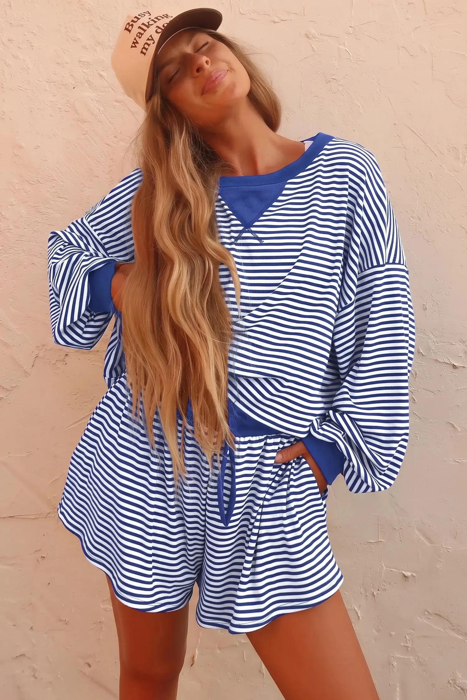 Oversized Long Sleeve Top Drawstring Loose Shorts 2pcs Set – Blue Stripe sold by Beagle Boutique product image thumbnail 3