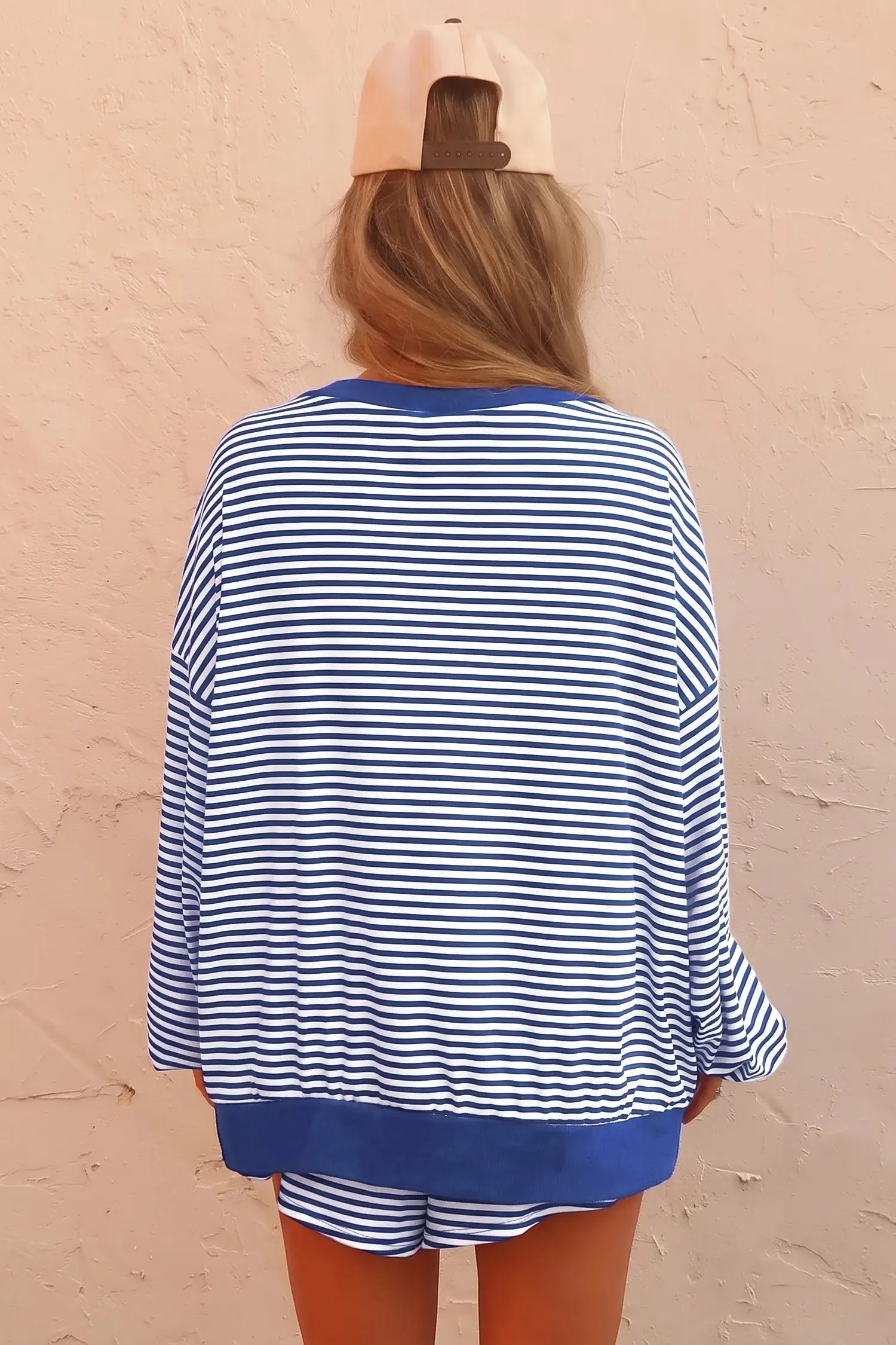 Oversized Long Sleeve Top Drawstring Loose Shorts 2pcs Set – Blue Stripe sold by Beagle Boutique product image thumbnail 2