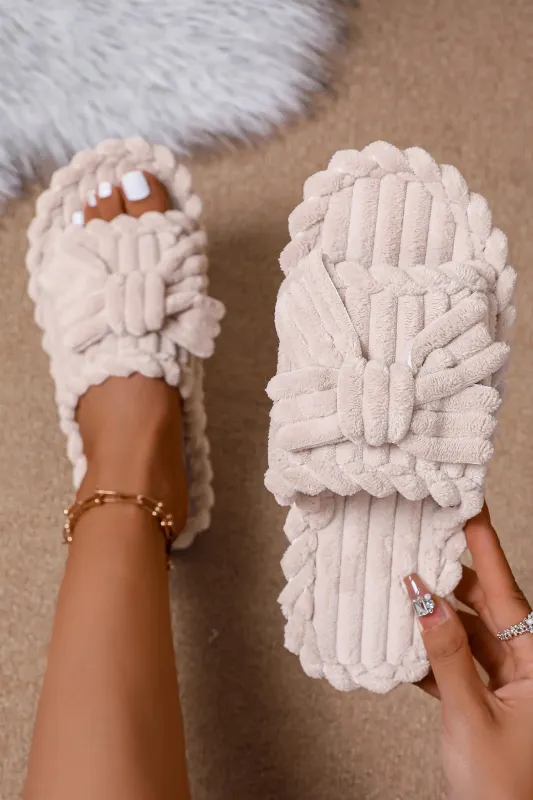 Bow Knot Decor Ribbed Open Toe Slippers – White made by Beagle Boutique