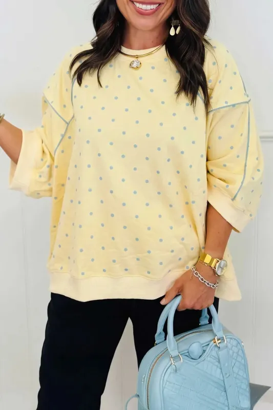 Polka Dot Print Piping Trim 3/4 Sleeve Relaxed Top – Yellow made by Beagle Boutique