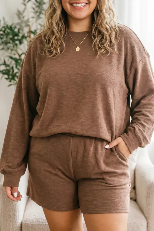 Chestnut Drop Shoulder Long Sleeve Top Elastic Waist Shorts Plus Size Set – Brown made by Beagle Boutique