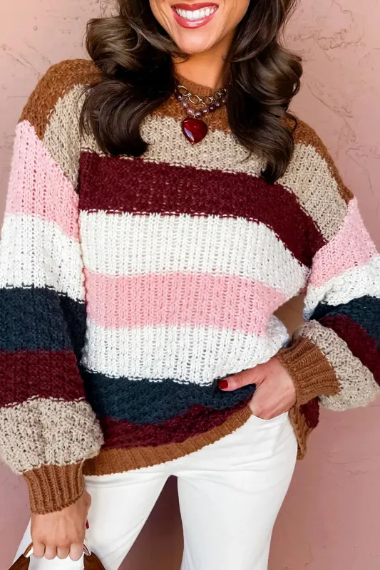 Striped Knit Dropped Shoulder Round Neck Pullover Sweater – Multicolour made by Beagle Boutique