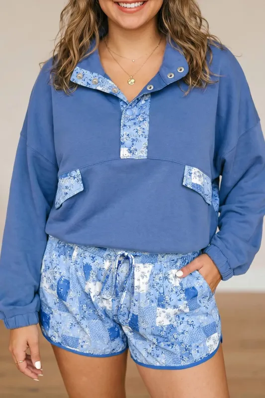 Floral Patchwork V-Neck Long Sleeve Short Bottoms Plus Size Set – Blue made by Beagle Boutique