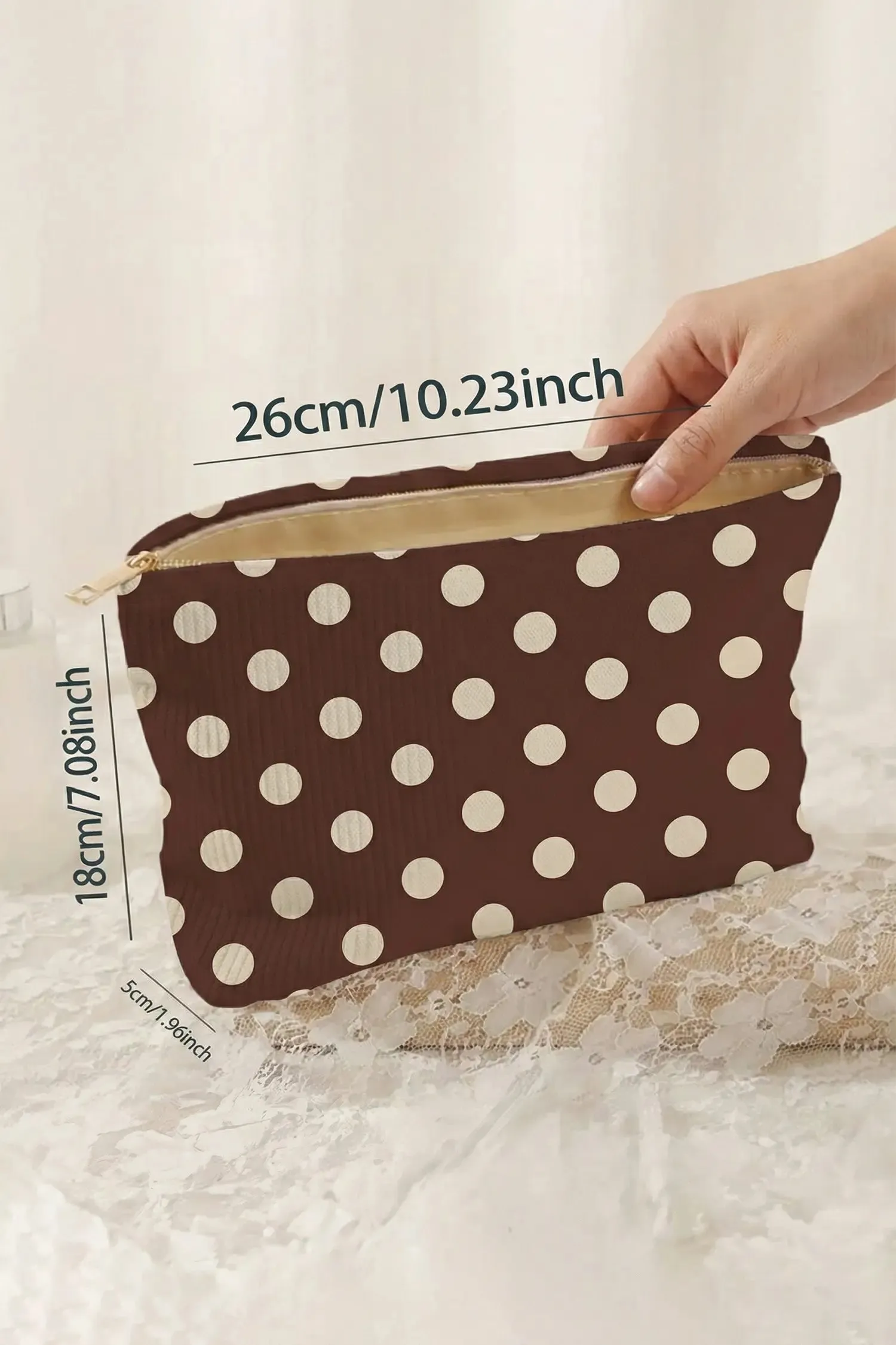 Polka Dot Printed Ribbed Storage Makeup Bag – Coffee sold by Beagle Boutique product image thumbnail 3