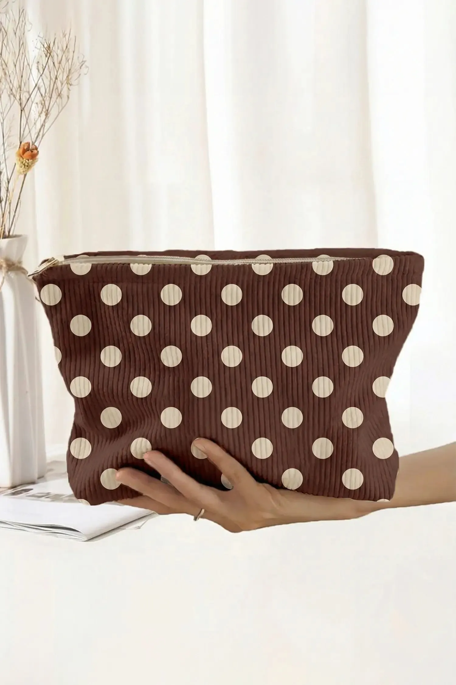 Polka Dot Printed Ribbed Storage Makeup Bag – Coffee sold by Beagle Boutique