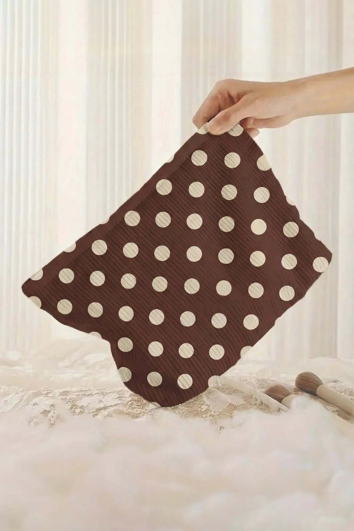 Polka Dot Printed Ribbed Storage Makeup Bag – Coffee sold by Beagle Boutique product image thumbnail 2