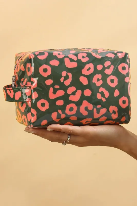 Leopard Print PVC Travel Makeup Organizer Cosmetic Bag – Blackish Green made by Beagle Boutique