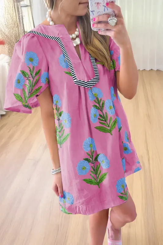 Floral Split Neck Short Sleeve Loose Mini Dress made by Beagle Boutique