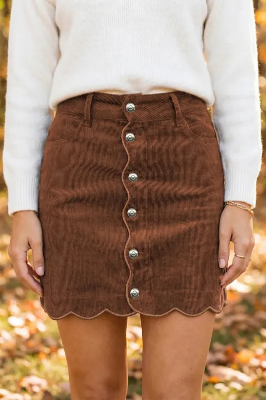 Button Front Ribbed Mini Pockets Sheath Silhouette Skirt – Brown made by Beagle Boutique