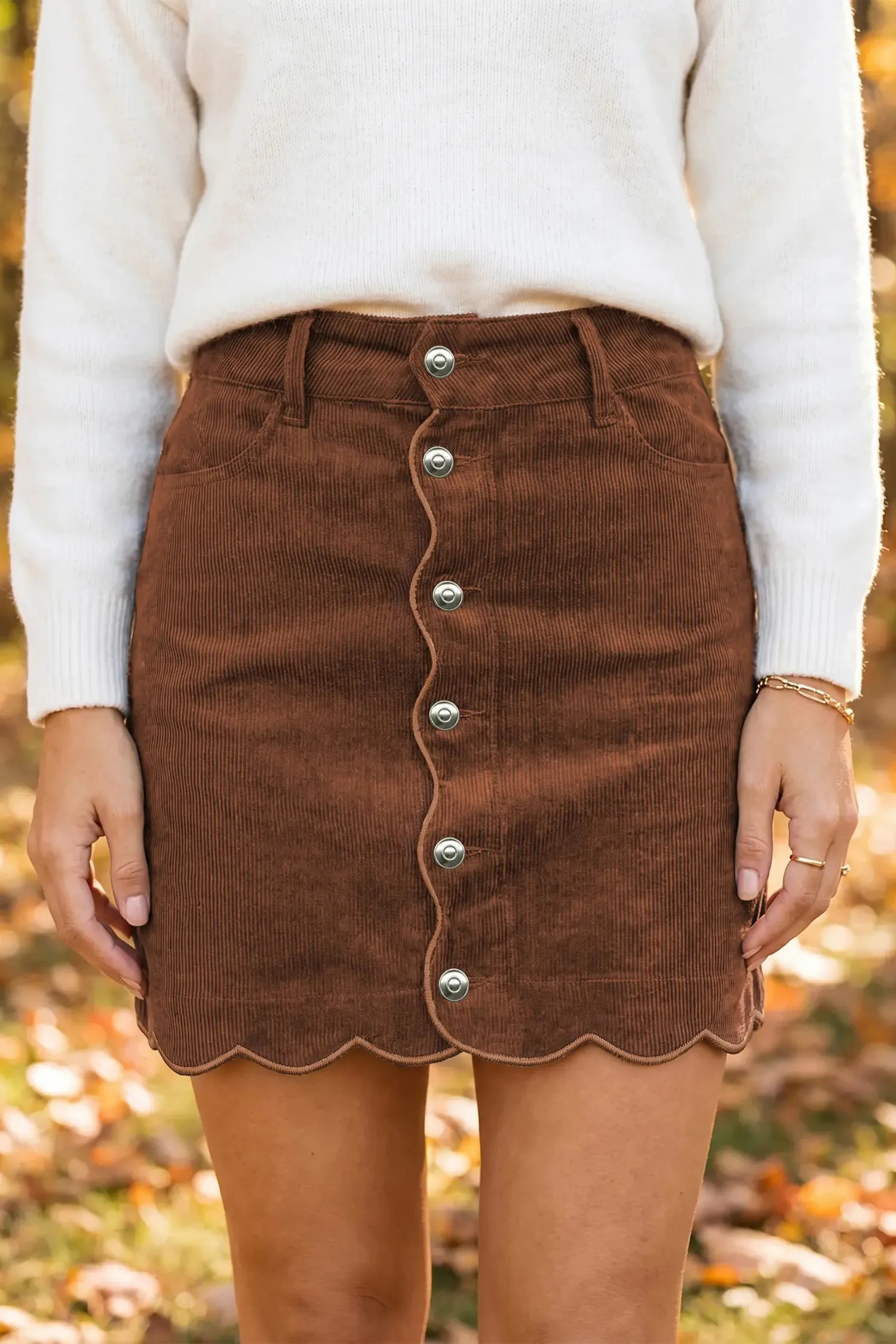 Button Front Ribbed Mini Pockets Sheath Silhouette Skirt – Brown sold by Beagle Boutique