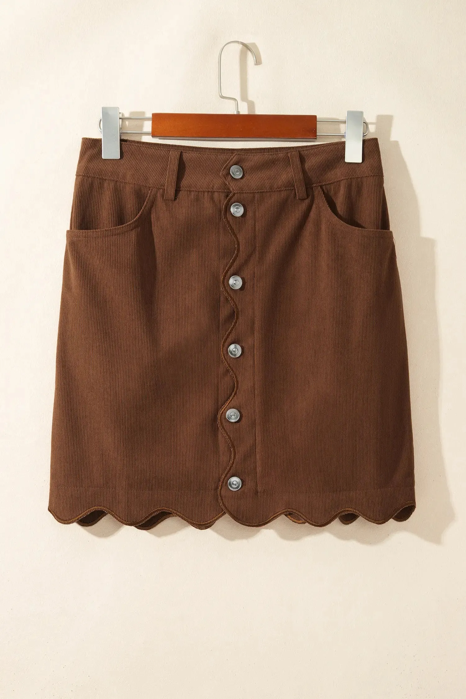 Button Front Ribbed Mini Pockets Sheath Silhouette Skirt – Brown sold by Beagle Boutique product image thumbnail 4