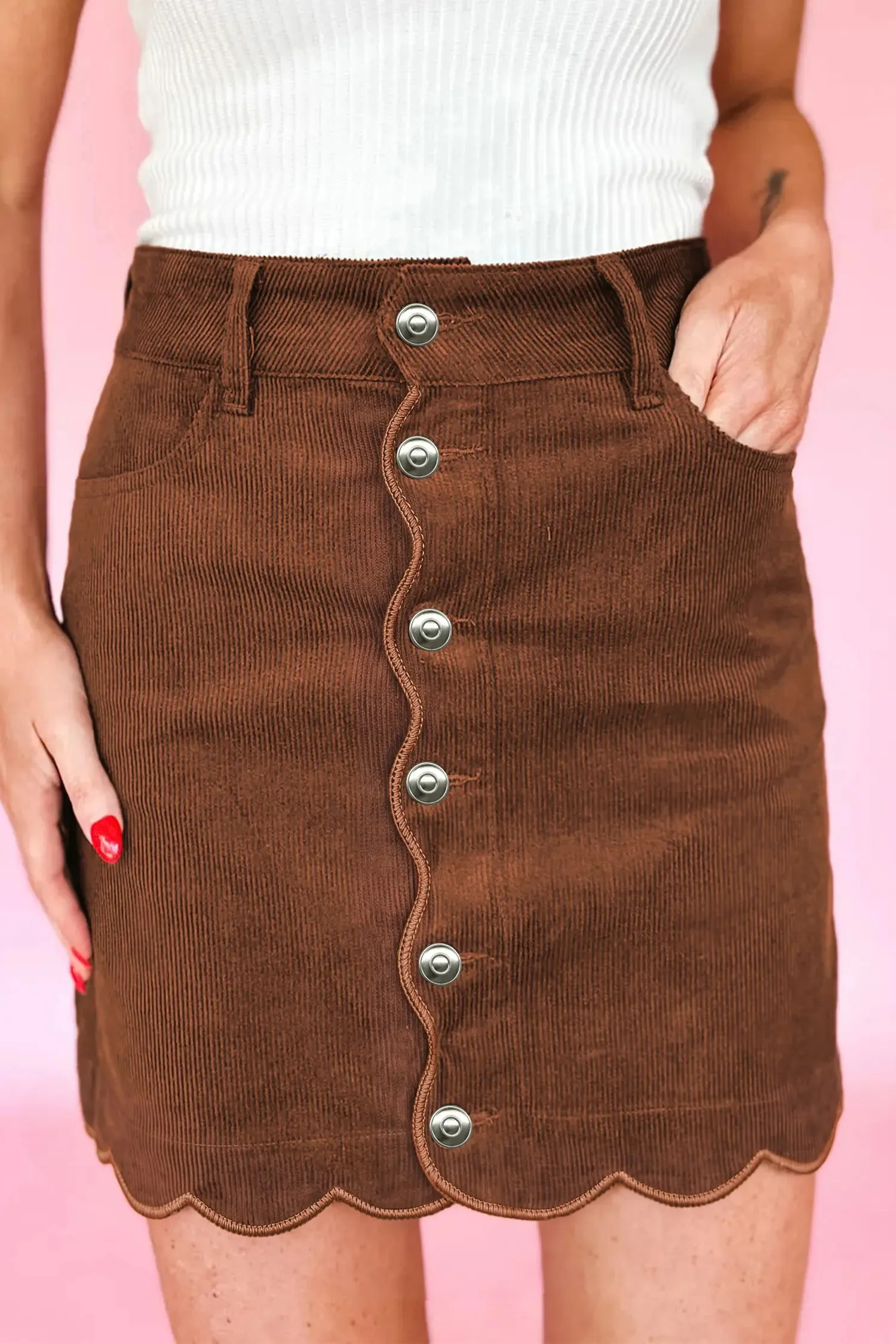 Button Front Ribbed Mini Pockets Sheath Silhouette Skirt – Brown sold by Beagle Boutique product image thumbnail 2