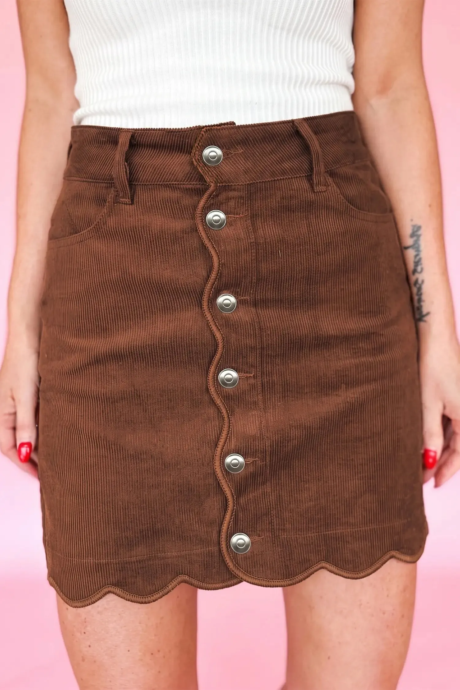 Button Front Ribbed Mini Pockets Sheath Silhouette Skirt – Brown sold by Beagle Boutique product image thumbnail 3